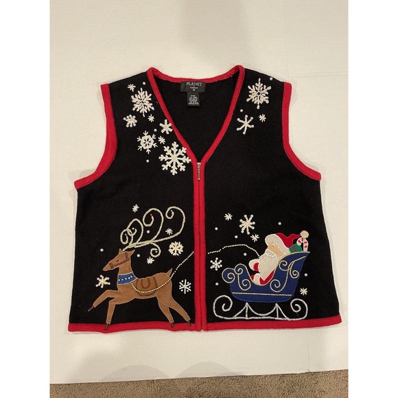 PLANET & COMPANY Embellished Christmas Vest Women’s PM Petite M Santa’s Sleigh - Picture 1 of 9